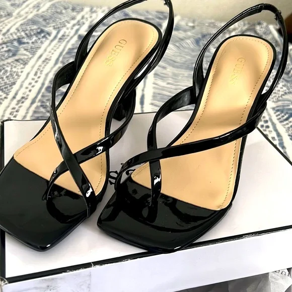 GUESS Women's Saile Heeled Sandal – Glamorous Satin Upper With Baguette Stones